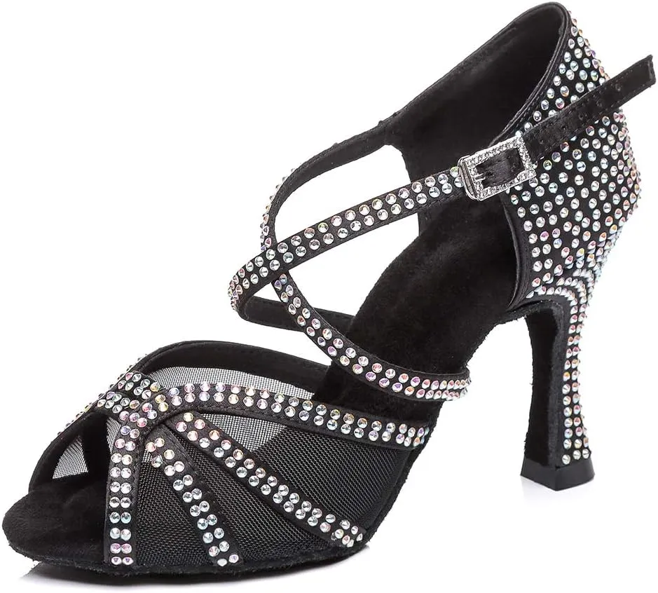 TINRYMX Women's Latin Dance Shoes with Rhinestones Cross-Strap Ballroom Wedding Party Dance Performance Sandals,Model 424