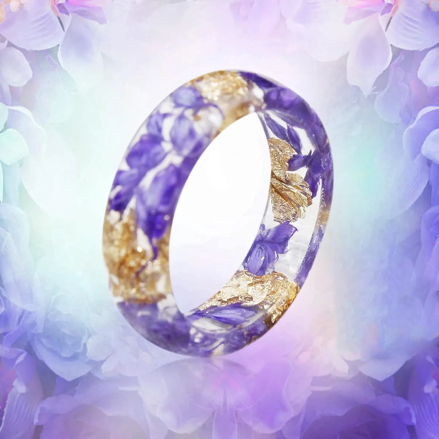 Transparent Acrylic Flower Resin Ring for Women Colorful Ring Wedding Band Plastic Rings (Purple, 9)