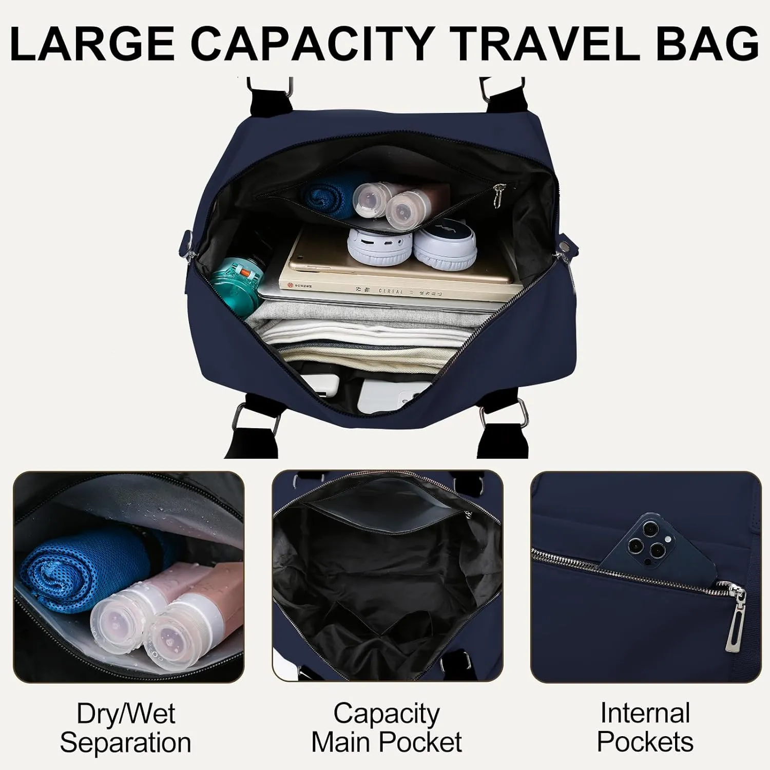 Travel Duffle Bag,Gym Bag for Women Weekender Carry on Overnight Bag Personal Item Bag Yoga Tote Bag with Wet Pocket Toiletry Makeup Bag for Sport Dance Trips Hospital Blue