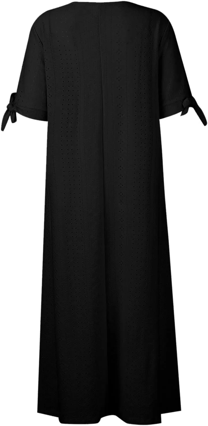 TWGONE Maxi Long Dresses for Women Casual Summer Short Sleeve Eyelet Tshirt Dress 2025 Trendy Beach Vacation Sundresses