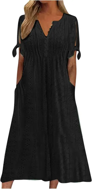 TWGONE Maxi Long Dresses for Women Casual Summer Short Sleeve Eyelet Tshirt Dress 2025 Trendy Beach Vacation Sundresses
