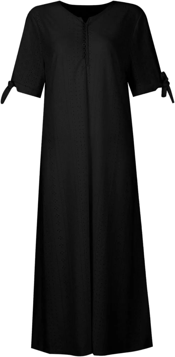 TWGONE Maxi Long Dresses for Women Casual Summer Short Sleeve Eyelet Tshirt Dress 2025 Trendy Beach Vacation Sundresses