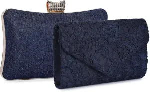 UBORSE Navy Blue Evening Clutch Combo: Glitter Sparkling Evening Bag & Elegant Floral Lace Clutch, Detachable Chain, Perfect for Formal Parties and Weddings