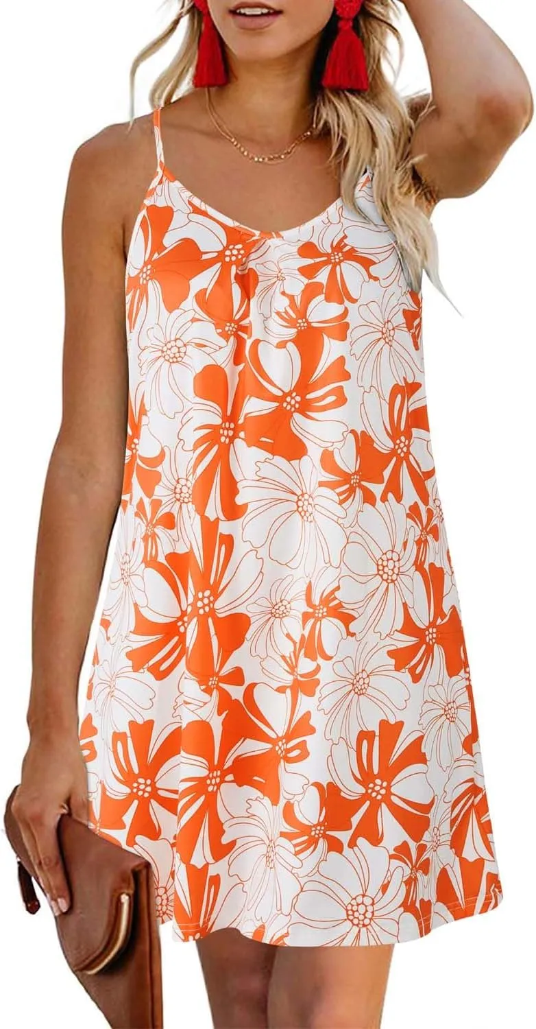 ULTRANICE Women's 2024 Summer Casual Beach Dresses Cover Ups Floral V Neck Spaghetti Strap Backless Mini Sun Dress