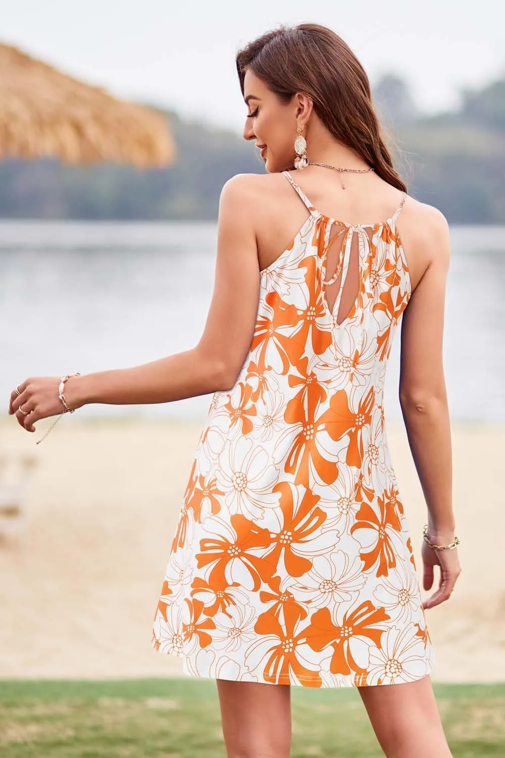 ULTRANICE Women's 2024 Summer Casual Beach Dresses Cover Ups Floral V Neck Spaghetti Strap Backless Mini Sun Dress