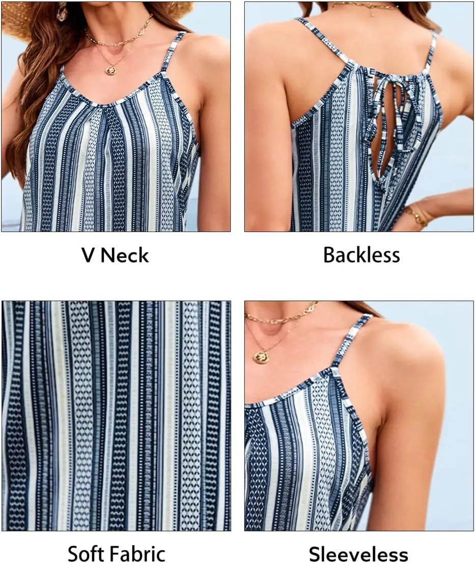 ULTRANICE Women's 2024 Summer Casual Beach Dresses Cover Ups Floral V Neck Spaghetti Strap Backless Mini Sun Dress