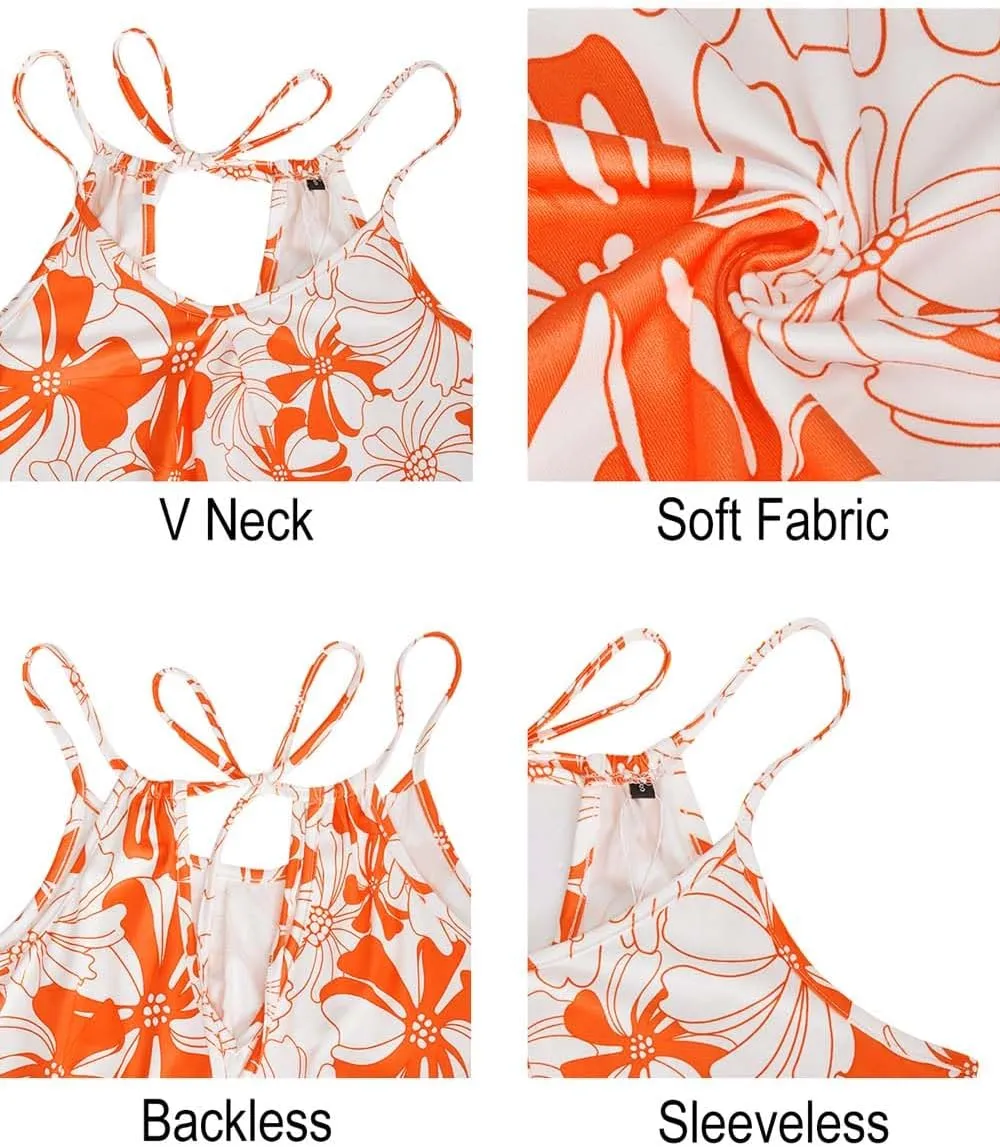 ULTRANICE Women's 2024 Summer Casual Beach Dresses Cover Ups Floral V Neck Spaghetti Strap Backless Mini Sun Dress