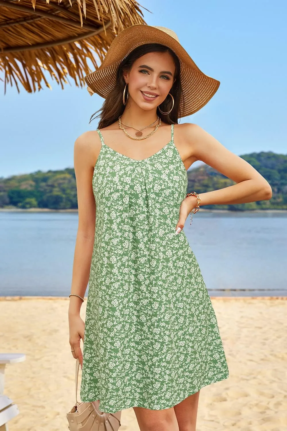 ULTRANICE Women's 2024 Summer Casual Beach Dresses Cover Ups Floral V Neck Spaghetti Strap Backless Mini Sun Dress