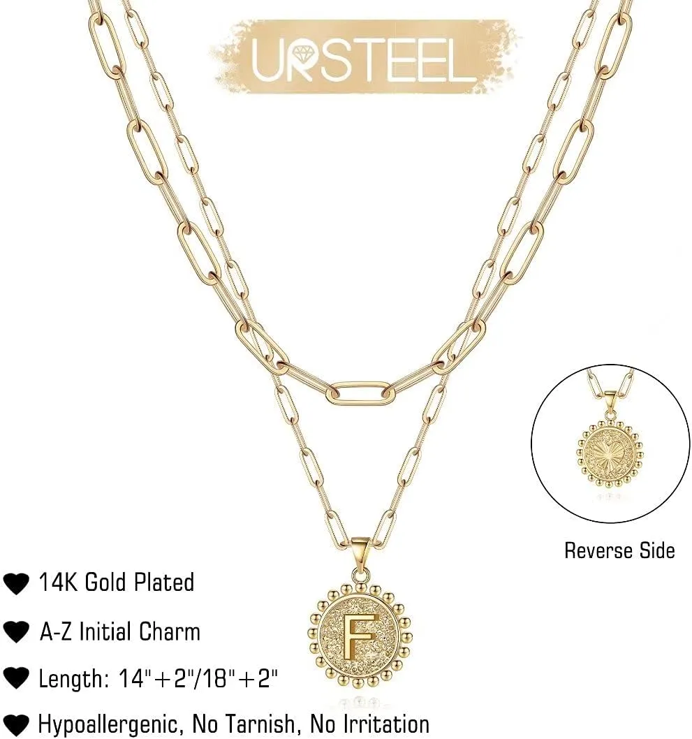 Ursteel Layered Initial Necklaces for Women - 14K Gold Plated Dainty Layering Paperclip Chain Necklaces for Women Jewelry