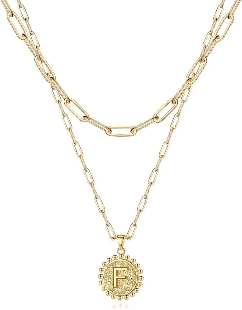 Ursteel Layered Initial Necklaces for Women - 14K Gold Plated Dainty Layering Paperclip Chain Necklaces for Women Jewelry
