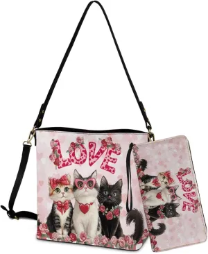 Valentine Bucket Crossbody Bags Set for Women Girls, Leather Bucket Tote Bag Satchel Purse Gift for Wife Girlfriend