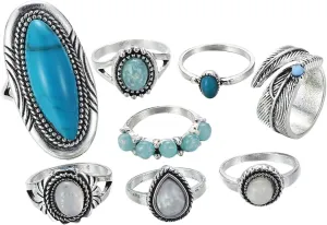 Vintage Rings Collection Knuckle Rings Set Turquoise Stones Women's Fashion Rings for Occasions