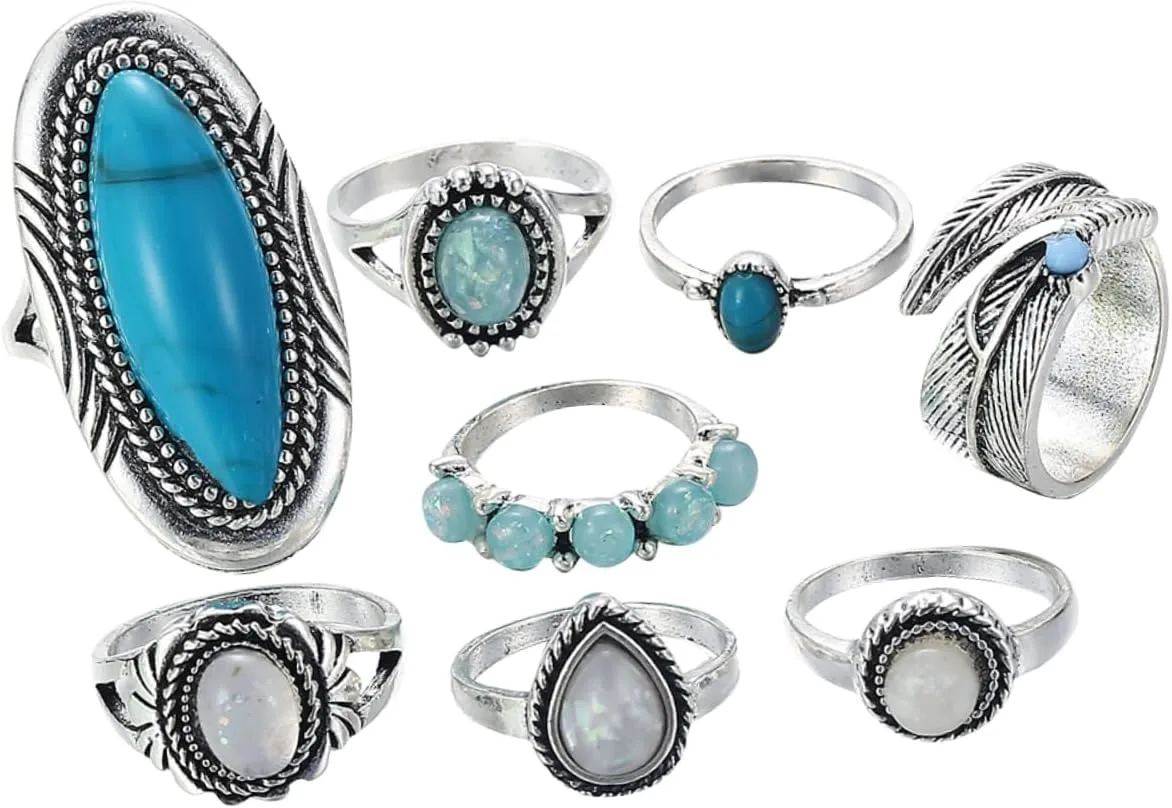 Vintage Rings Collection Knuckle Rings Set Turquoise Stones Women's Fashion Rings for Occasions