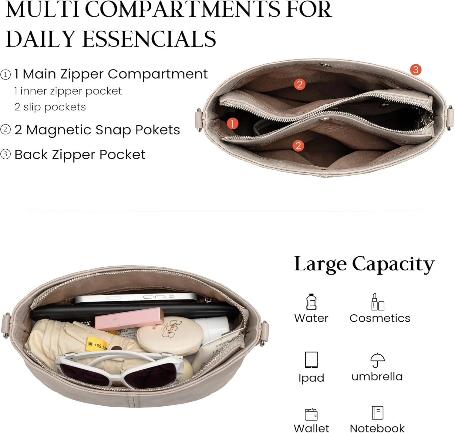 VONAL Hobo Crossbody Bags for Women, Vegan Leather Purses Shoulder Handbags for women PU leather Tote Bags Everyday Purse