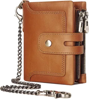Wallet with Chain,Genuine Leather Purse RFID Blocking Bifold Double Zipper Coin Pocket with Anti-Theft Chain, Pickpocket Proof Chain Wallets for Men (Brown)