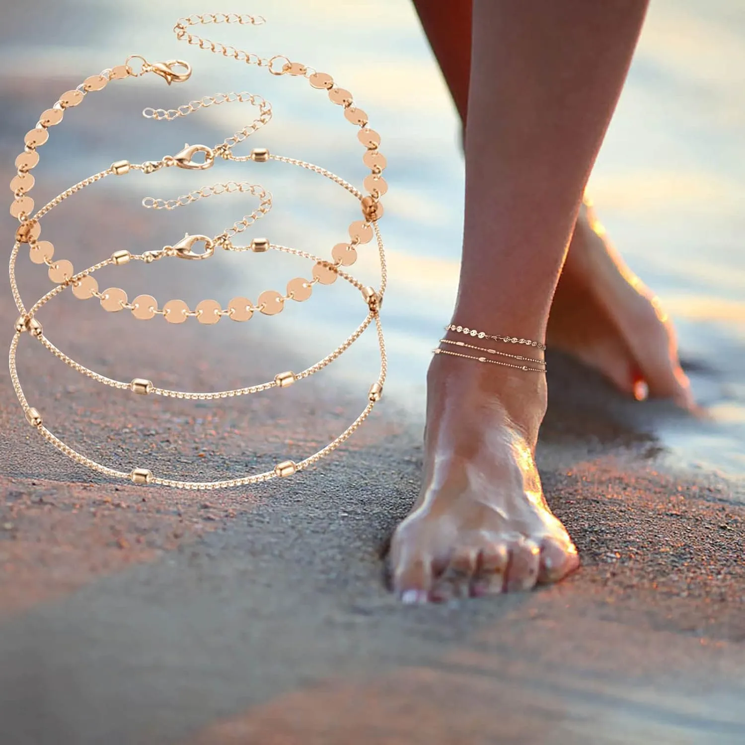 Wave Bracelet Women's Anklets Filled with Personalized Anklets Beach Feet Jewelry Gift 3 Layer Anklet Simplicity Anklet Dragon Bracelet (Gold, One Size)