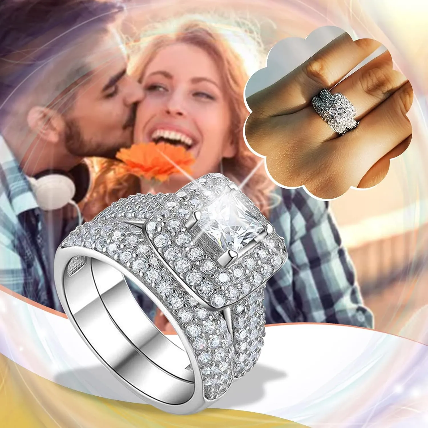 Wedding Band Bridal Set Princess Cut Solitaire 925 Silver Simulation Diamond Square Cluster Engagement Ring
