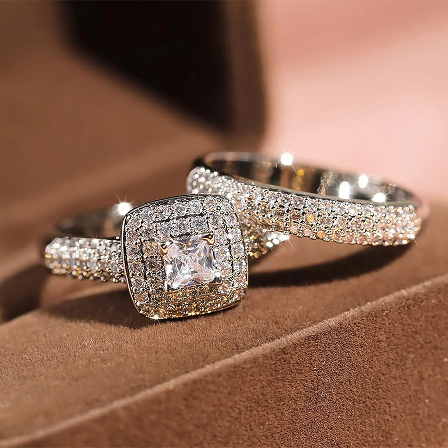 Wedding Band Bridal Set Princess Cut Solitaire 925 Silver Simulation Diamond Square Cluster Engagement Ring