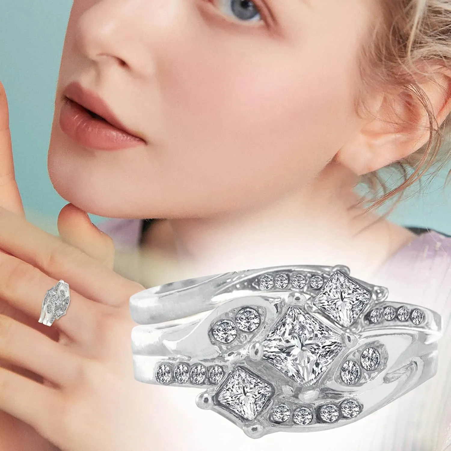 Wedding Band Set for Women,925 Sterling Silver Gemstone Inlaid Vintage Ring Cubic Zirconia Engagement Promise Rings for Her
