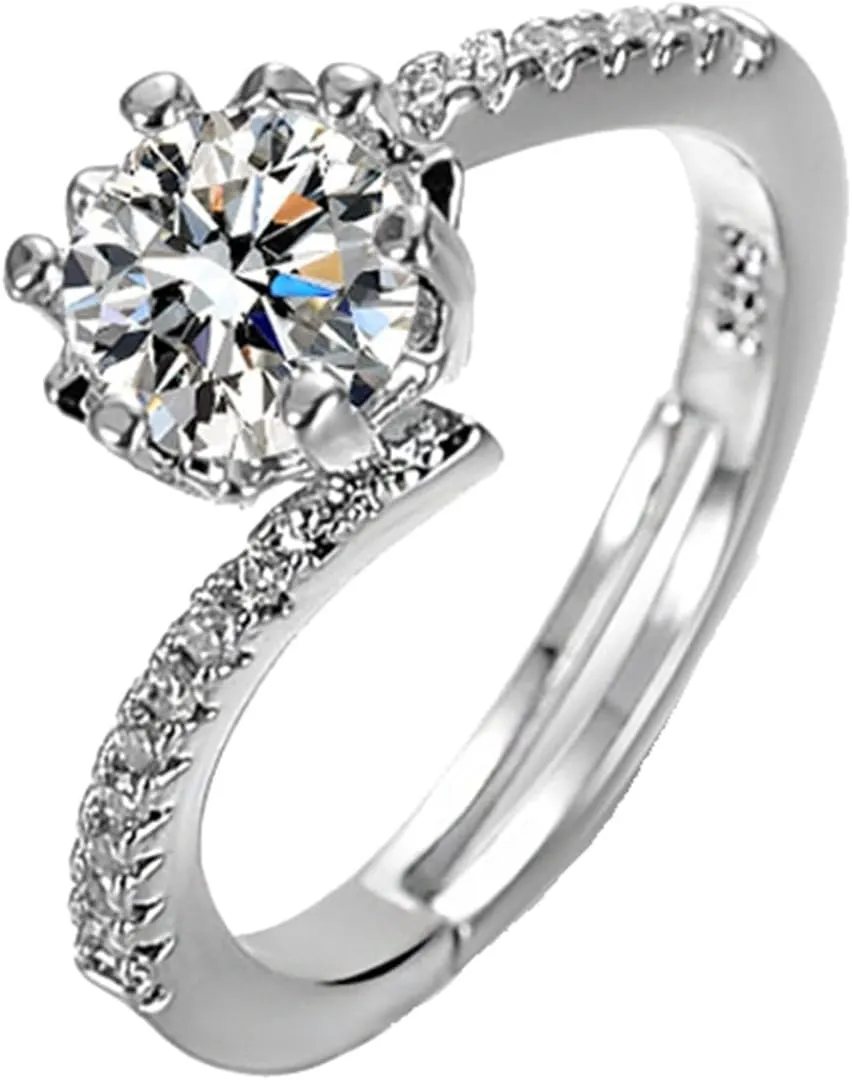 White Gold Plated Sterling Silver Anniversary Wedding Bands for Women Adjustable Cubic Zirconia Engagement Halo Promise Ring