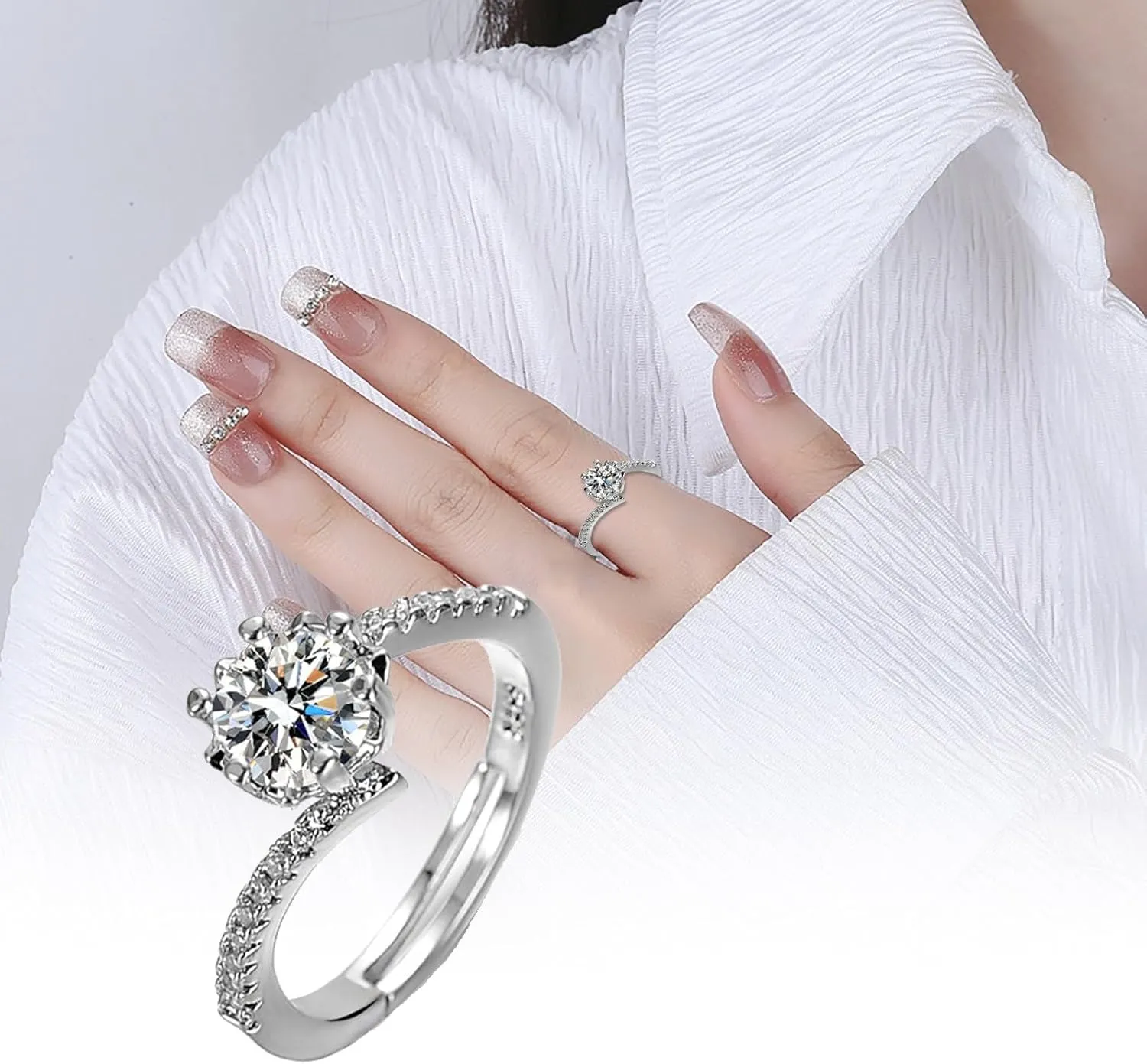 White Gold Plated Sterling Silver Anniversary Wedding Bands for Women Adjustable Cubic Zirconia Engagement Halo Promise Ring
