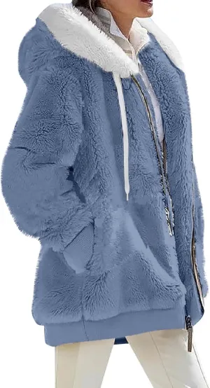 Winter Coats for Women Y2k Clothes Fleece Jacket Women Full Zip Up Hoodie Abrigos De Mujer Invierno En Oferta Fuzzy Sherpa Jacket Thick Warm Clothes Holiday Tops for Women Fashion(J-Light Blue,XXL)