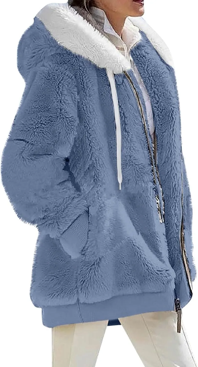 Winter Coats for Women Y2k Clothes Fleece Jacket Women Full Zip Up Hoodie Abrigos De Mujer Invierno En Oferta Fuzzy Sherpa Jacket Thick Warm Clothes Holiday Tops for Women Fashion(J-Light Blue,XXL)