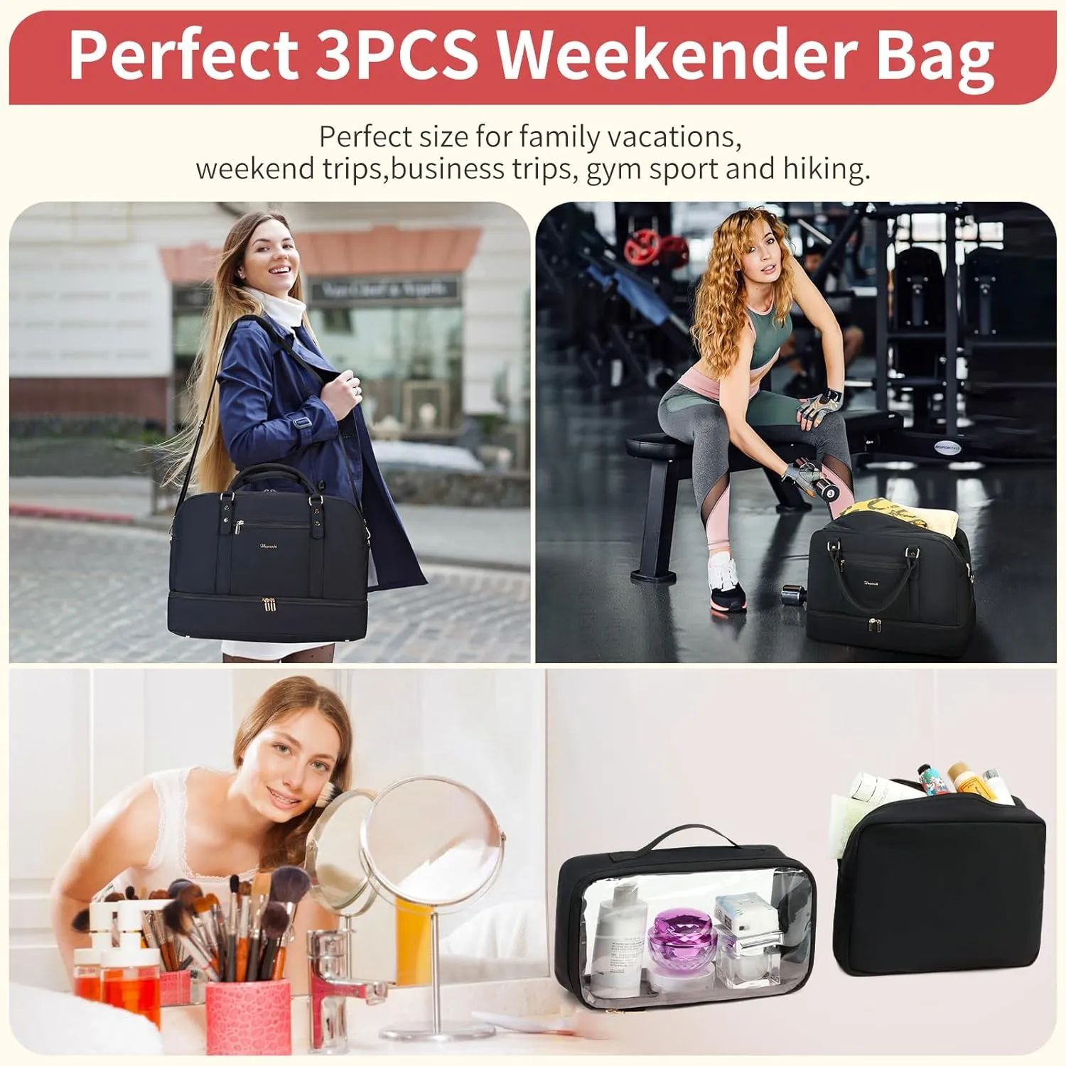 Wogarl Weekender Bags for Women Large Overnight Bag Weekend Travel Duffel Bag Carry on Shoulder with Shoe Compartment Toiletry Bag for Travel Business Gym