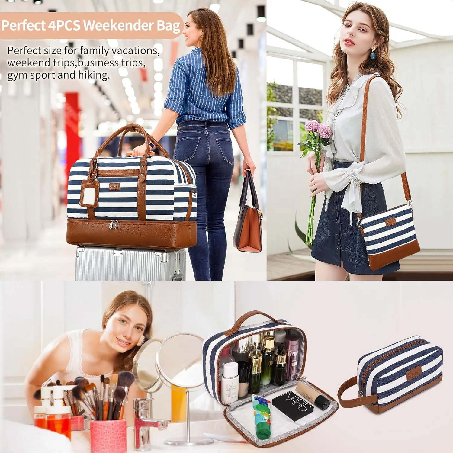 Wogarl Weekender Bags for Women Large Overnight Bag Weekend Travel Duffel Bag Carry on Shoulder with Shoe Compartment Toiletry Bag for Travel Business Gym