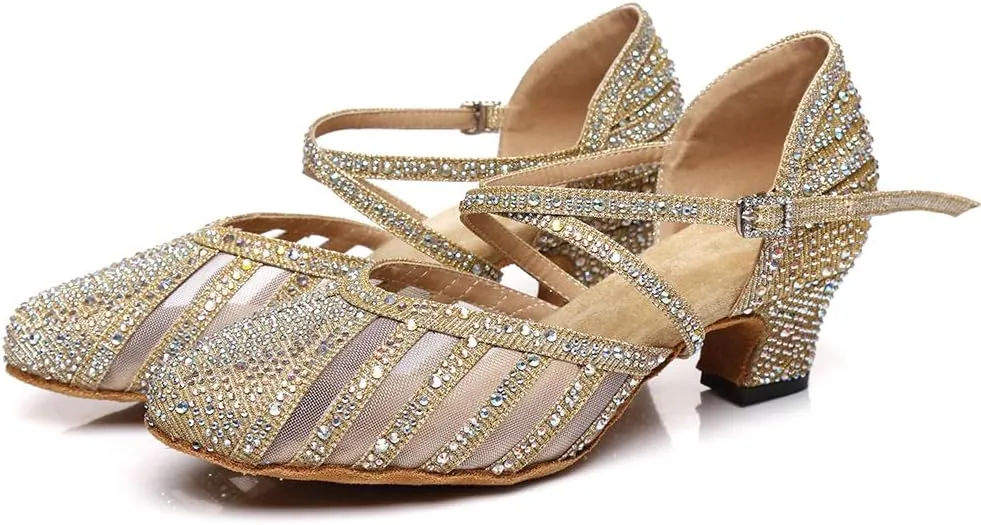 Women Ballroom Dance Shoes Rhinestone Closed Toe Latin Salsa Performance Dancing Shoes Suede Sole
