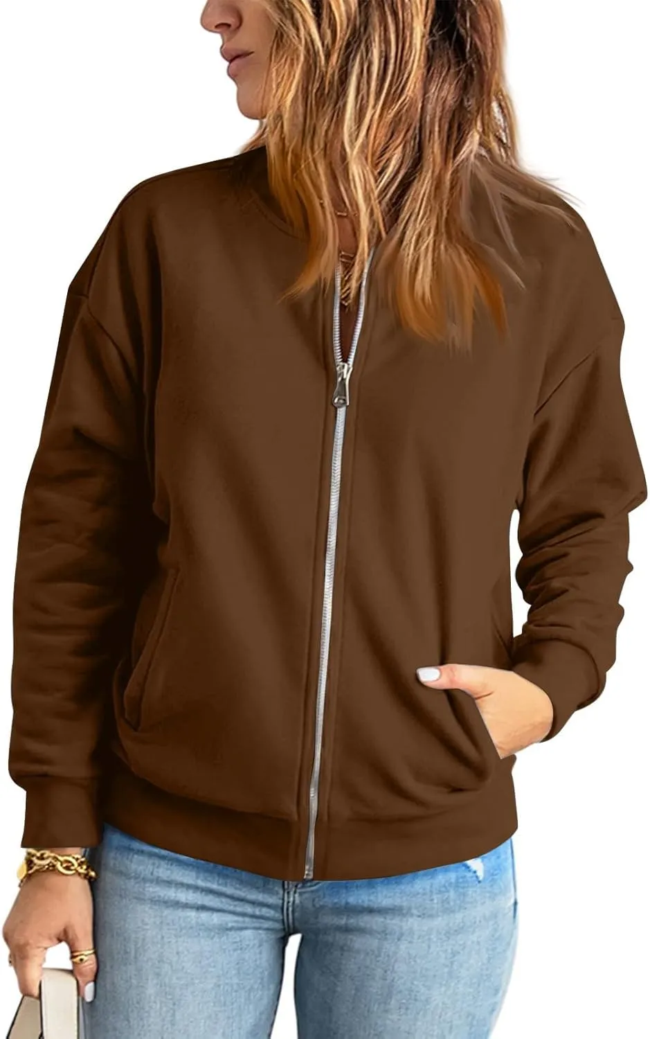 Women Bomber Jacket Casual Zip Up Fleece Jacket Trendy Lightweight Cropped Windbreaker Comfy Fall Coats with Pockets