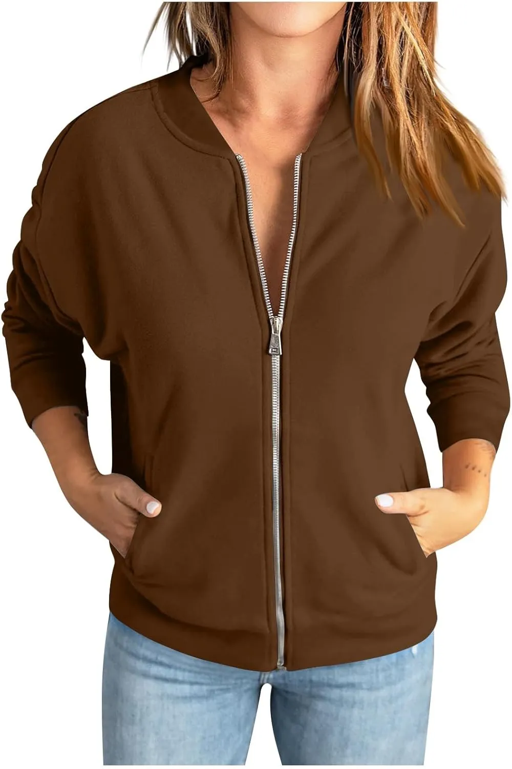 Women Bomber Jacket Casual Zip Up Fleece Jacket Trendy Lightweight Cropped Windbreaker Comfy Fall Coats with Pockets