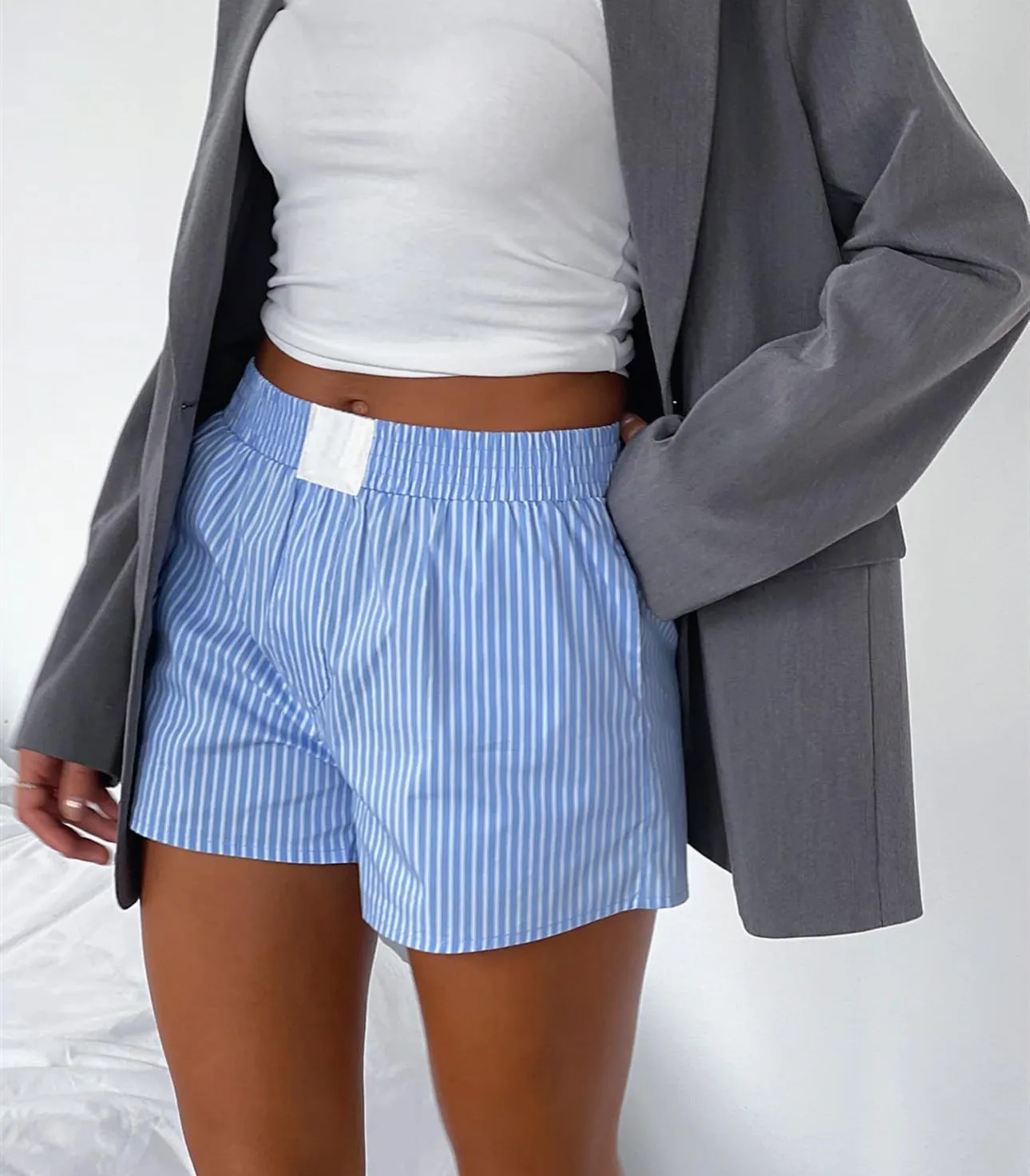 Women Boxer Shorts Striped Elastic Button Pajama Shorts Y2k Mid Waist Lounge Shorts Summer Beach Sleepwear
