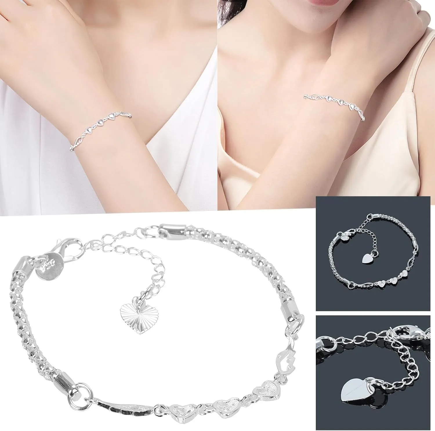 Women Bracelets, Chain Bracelet Adjustable Fine Workmanship Reusable Luxury Love Heart Charm Bracelet Female Jewelry Women