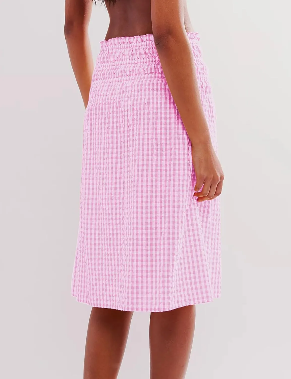 Women Convertible Skirt Y2K Gingham Stripes Smocked High Waist A-Line Midi Skirts Strapless Tube Dress