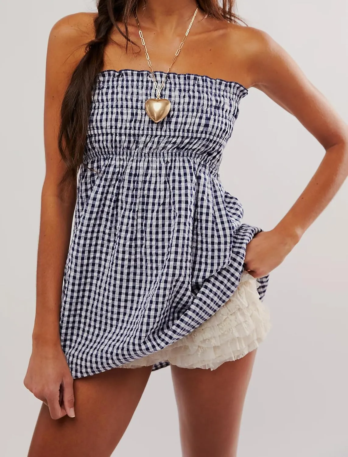 Women Convertible Skirt Y2K Gingham Stripes Smocked High Waist A-Line Midi Skirts Strapless Tube Dress