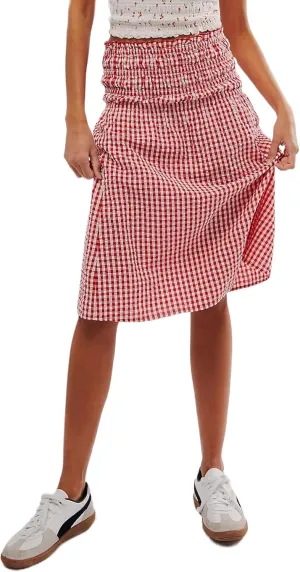 Women Convertible Skirt Y2K Gingham Stripes Smocked High Waist A-Line Midi Skirts Strapless Tube Dress