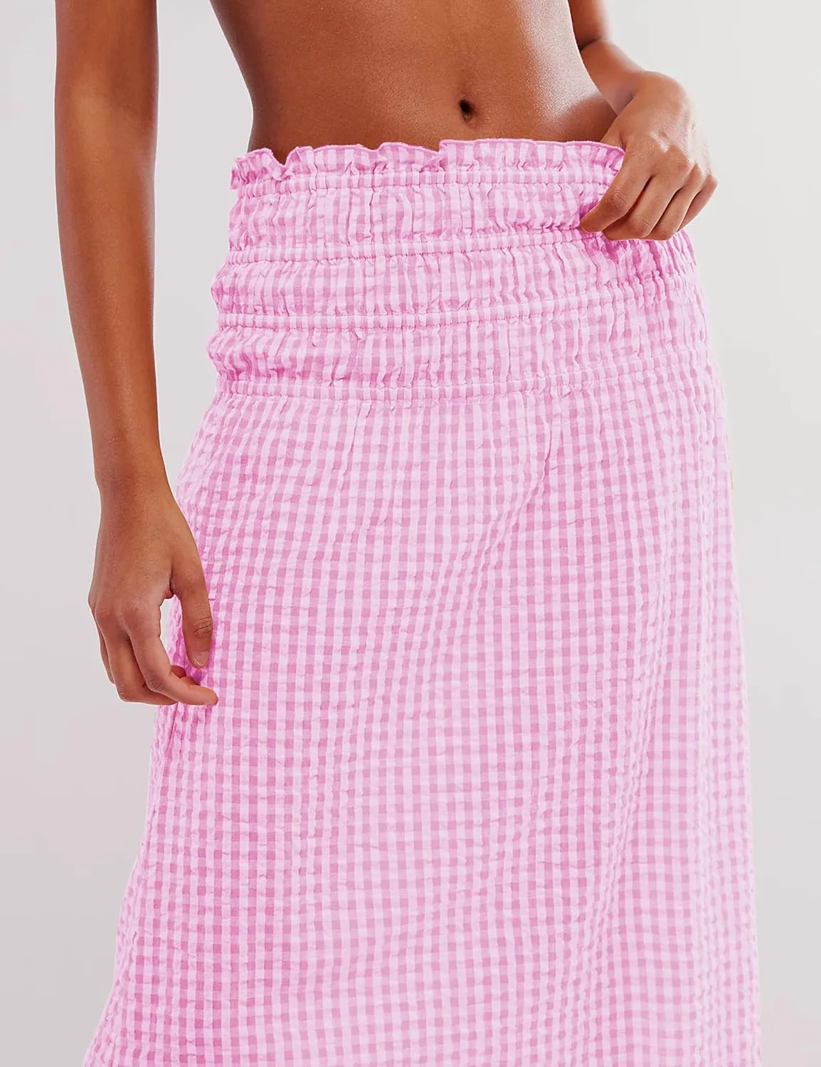 Women Convertible Skirt Y2K Gingham Stripes Smocked High Waist A-Line Midi Skirts Strapless Tube Dress