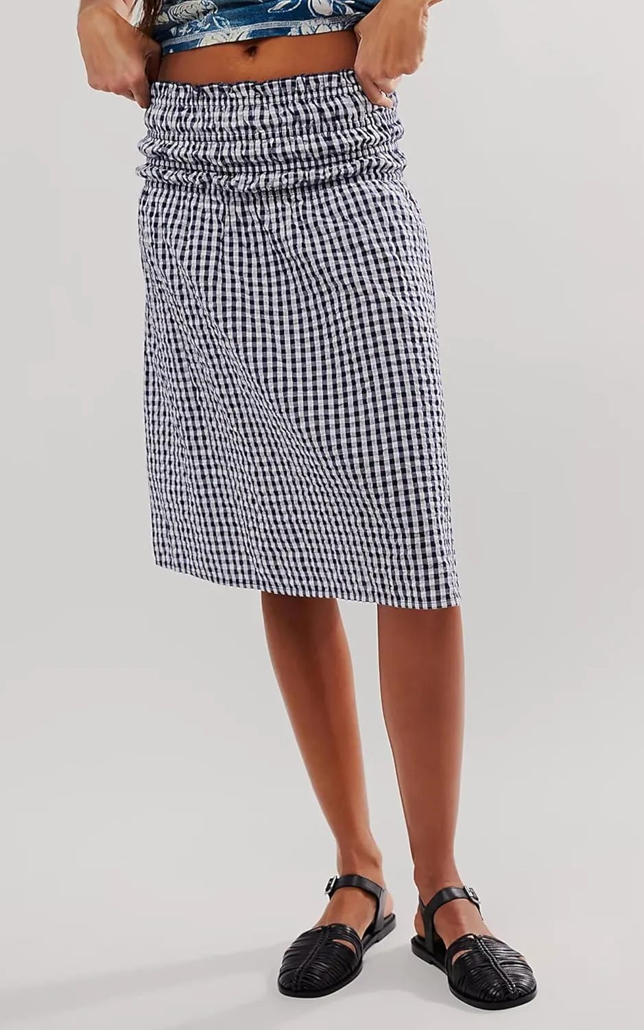 Women Convertible Skirt Y2K Gingham Stripes Smocked High Waist A-Line Midi Skirts Strapless Tube Dress