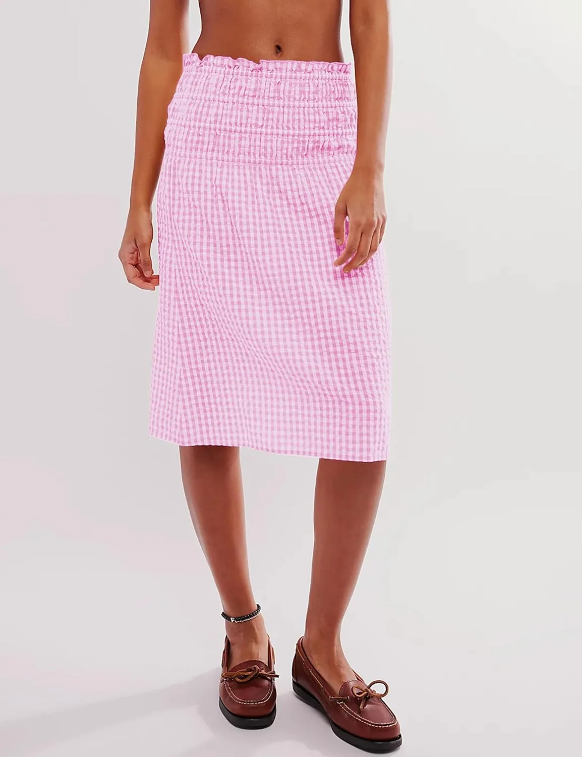 Women Convertible Skirt Y2K Gingham Stripes Smocked High Waist A-Line Midi Skirts Strapless Tube Dress