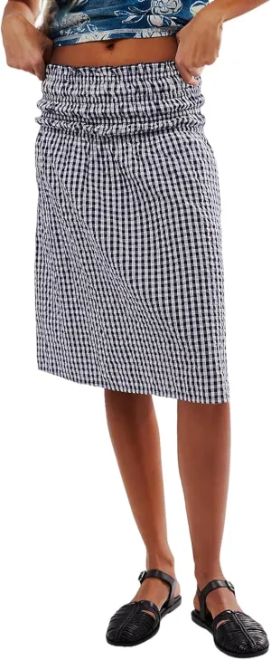 Women Convertible Skirt Y2K Gingham Stripes Smocked High Waist A-Line Midi Skirts Strapless Tube Dress