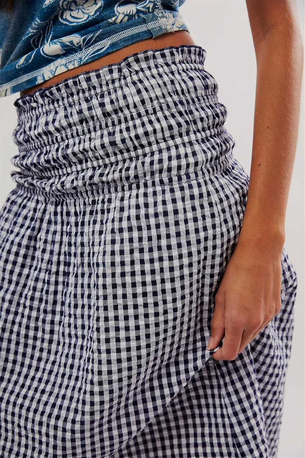 Women Convertible Skirt Y2K Gingham Stripes Smocked High Waist A-Line Midi Skirts Strapless Tube Dress
