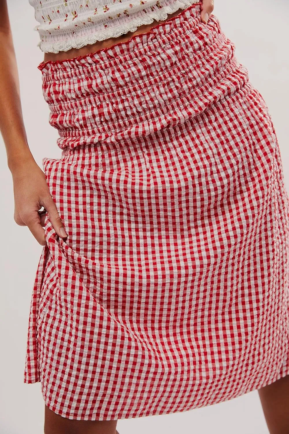 Women Convertible Skirt Y2K Gingham Stripes Smocked High Waist A-Line Midi Skirts Strapless Tube Dress