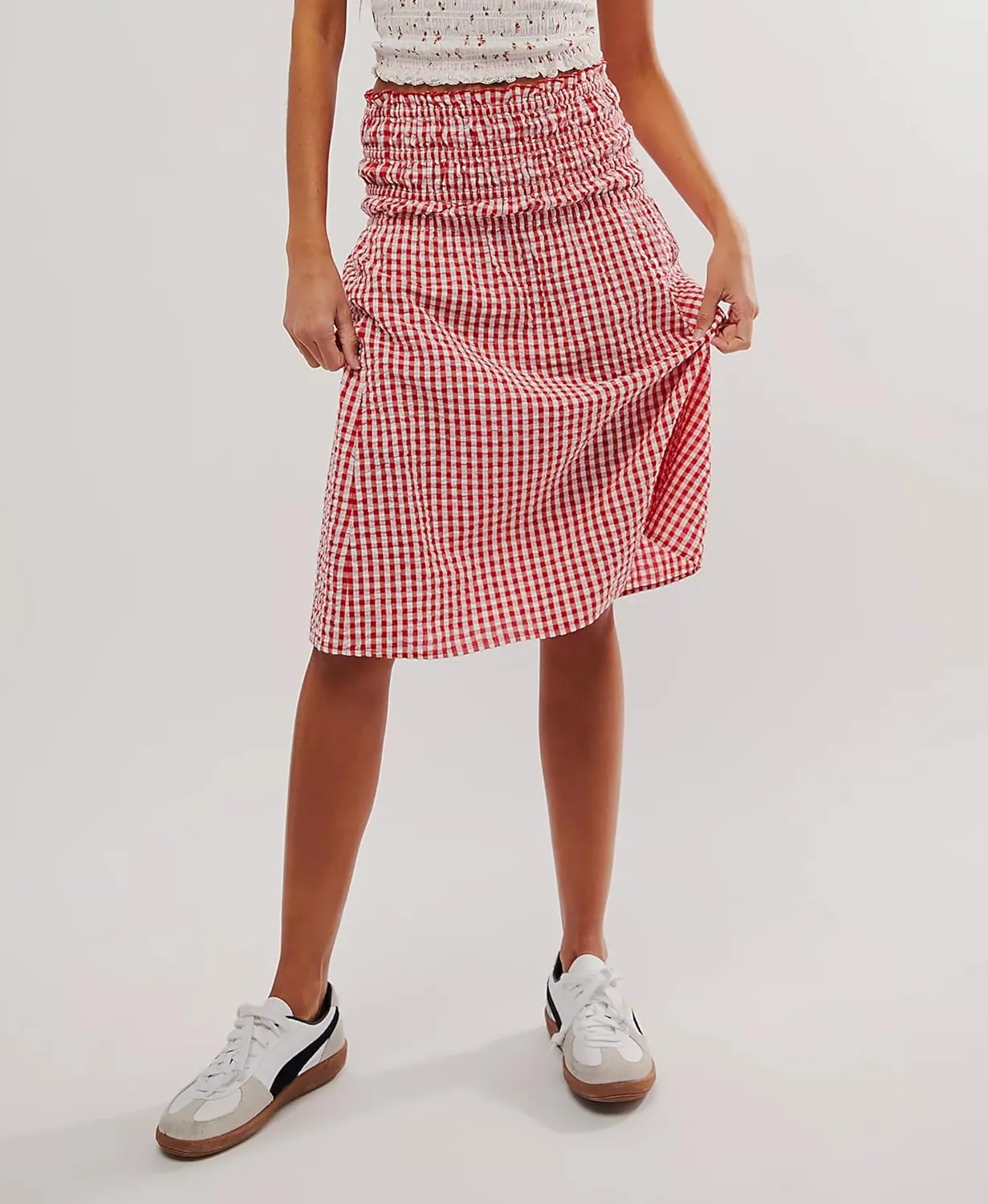 Women Convertible Skirt Y2K Gingham Stripes Smocked High Waist A-Line Midi Skirts Strapless Tube Dress