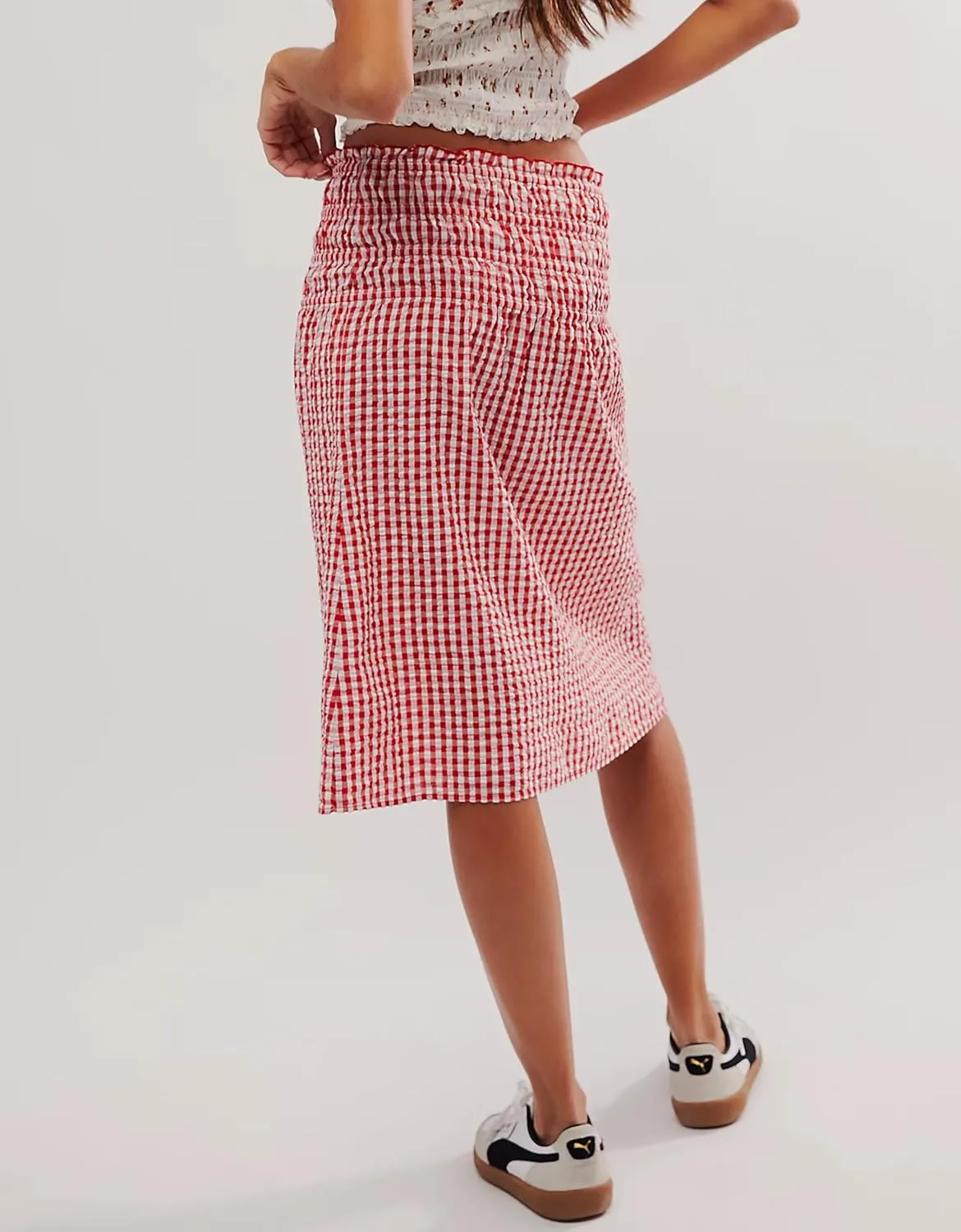 Women Convertible Skirt Y2K Gingham Stripes Smocked High Waist A-Line Midi Skirts Strapless Tube Dress