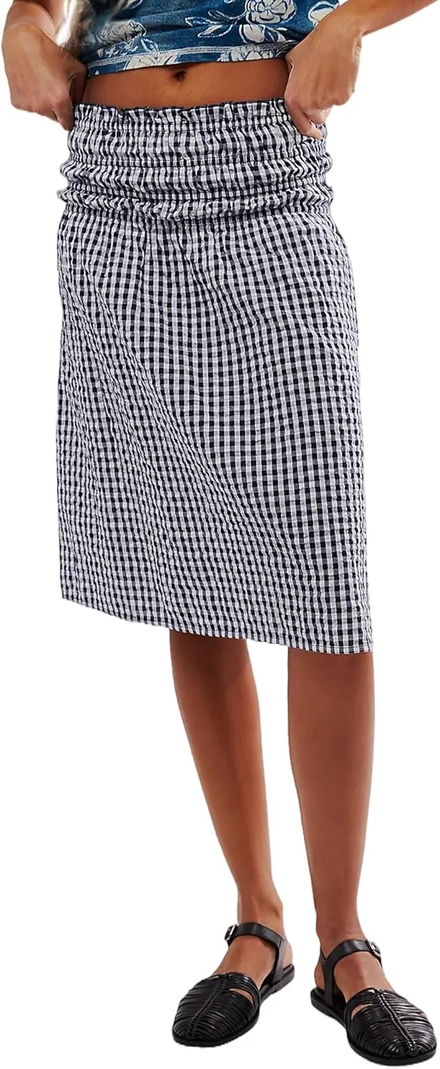 Women Convertible Skirt Y2K Gingham Stripes Smocked High Waist A-Line Midi Skirts Strapless Tube Dress