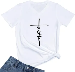 Women Faith Graphic V-Neck Cute Tee Shirts Tops