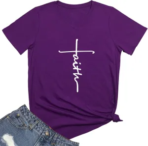 Women Faith Graphic V-Neck Cute Tee Shirts Tops