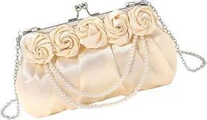 Women HandbagElegant Womens Silk 3D Rose Flower Clutches Evening Bag with Pearls Chain for Wedding Parties Crossbody Handbag Purse