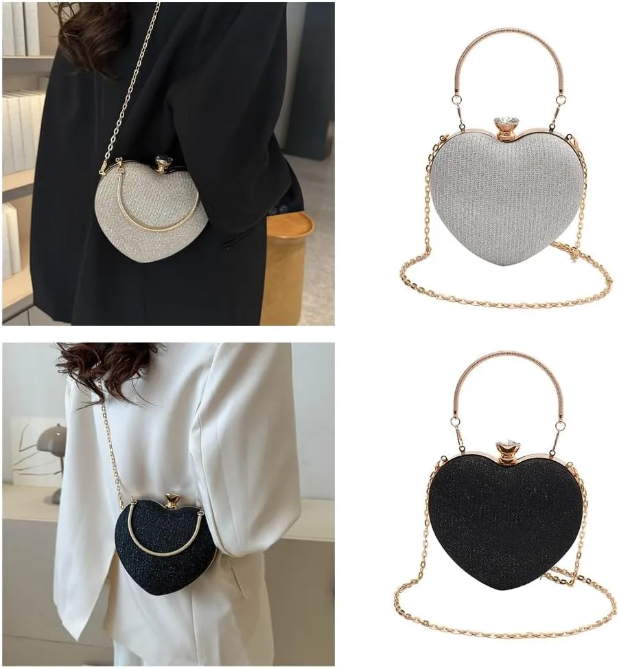 Women Heart Shaped Shoulder Bag Stylish Evening Bag Chain Strap Evening Clutches Bag Evening Handbag for Party Prom